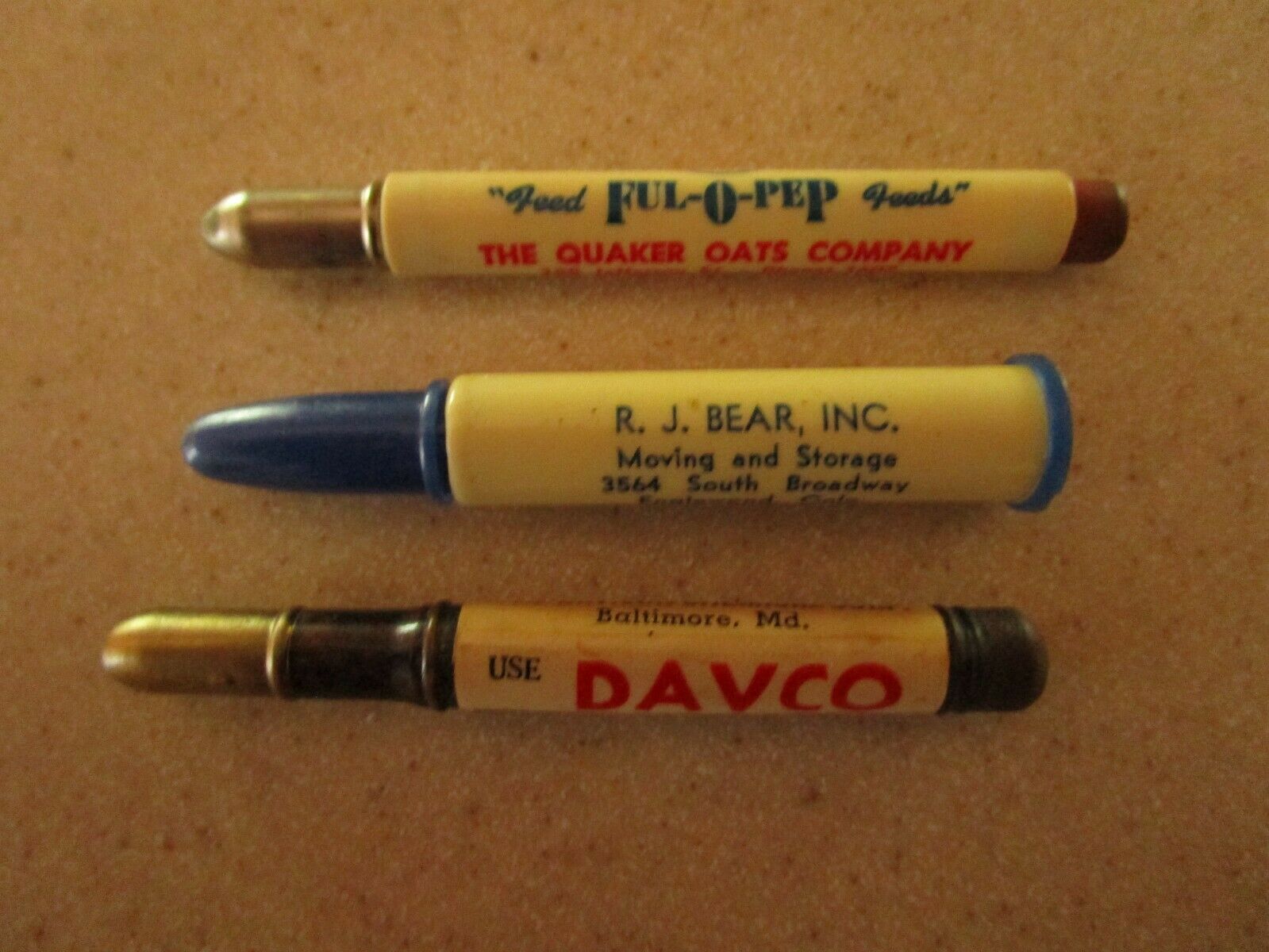 Lot Of 3  Vintage Advertising Bullet Pencils, Ful-o-pep, R.j. Bear, &  Davco