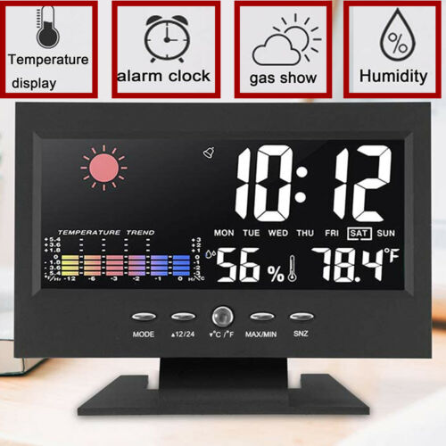 Desk Digital Alarm Clock Weather Thermometer  Led Temperature Humidity Monitor