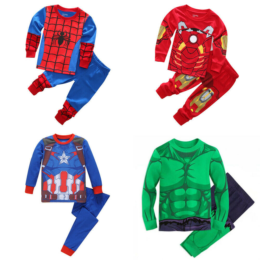 2pcs Kid Boys Iron Man Hulk Spider-man Sleepwear Long Pajamas Matching Sets 1-8y