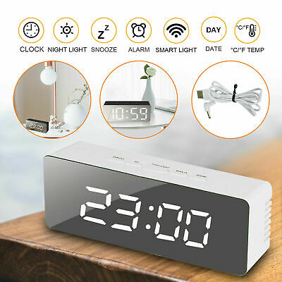 Digital Alarm Clock Mirror Led Display Night Light Usb Thermometer Temperature