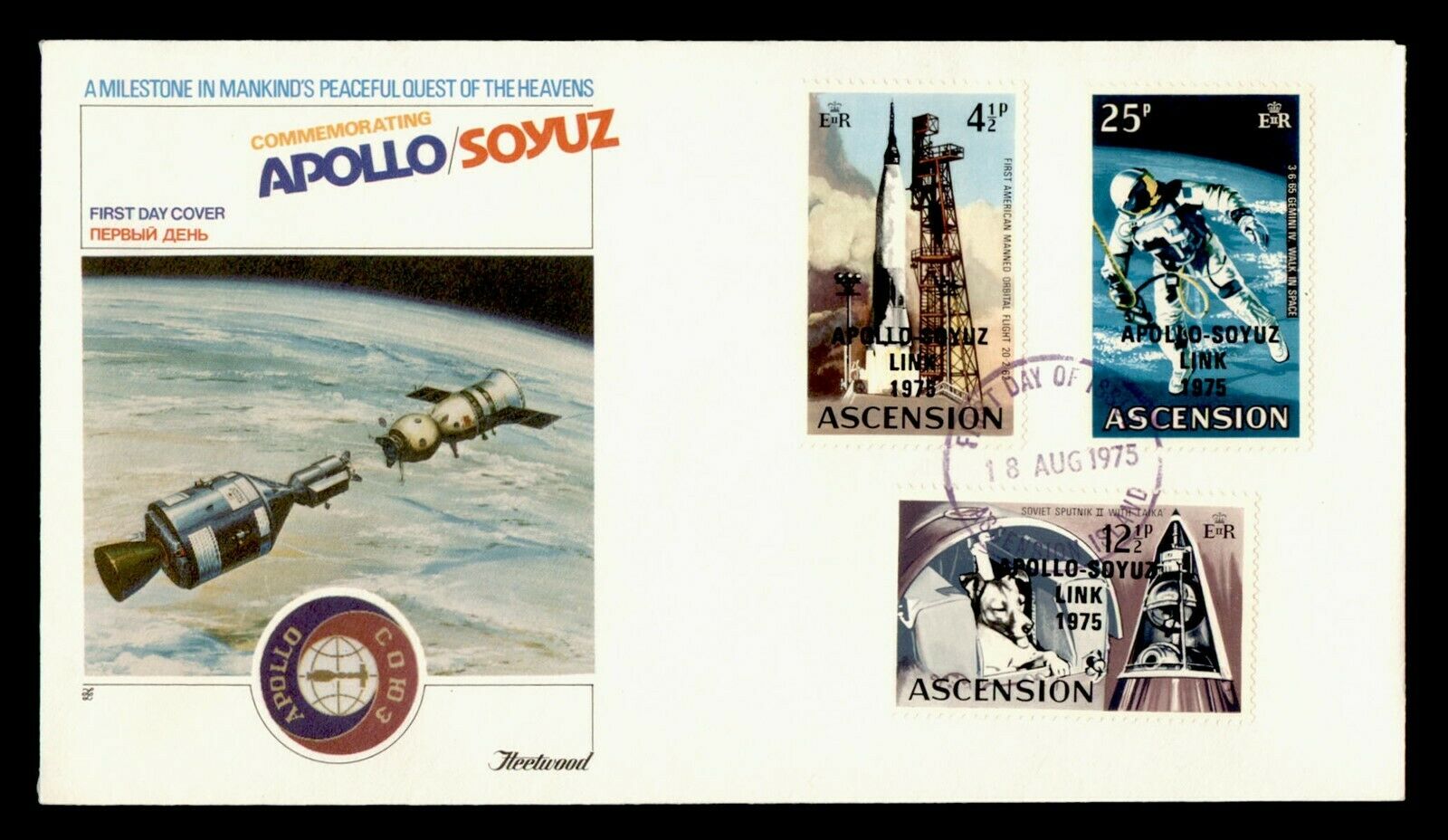 1975 Ascension Fdc Space Apollo Soyuz Fleetwood Cachet Combo Ovpt