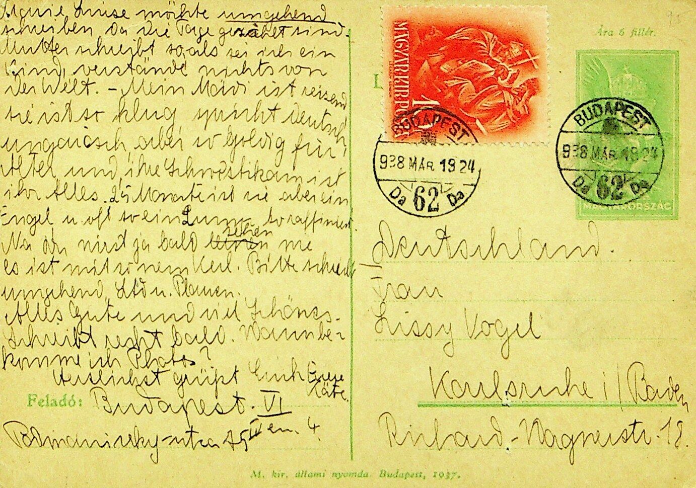 Hungary 1938 Pre Wwii 10f On 6f Postal Card From Budapest To Karlsruhe Germany