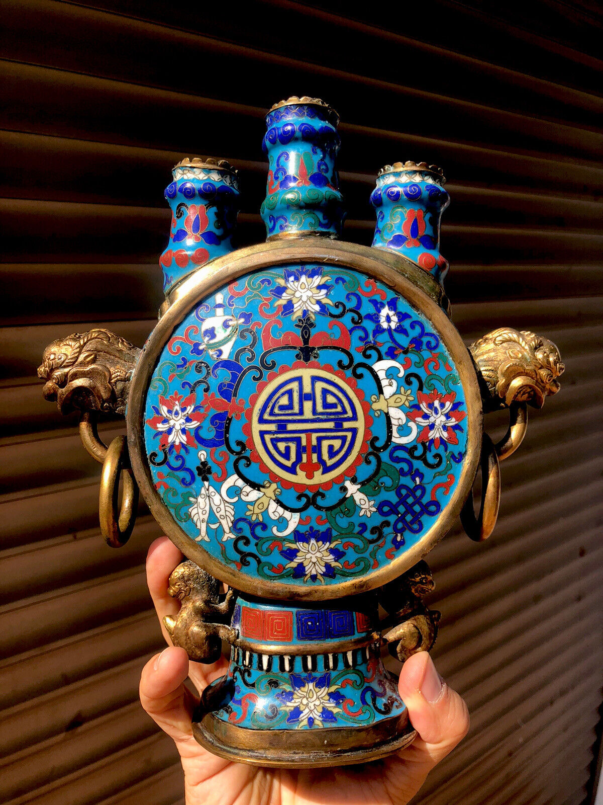 Antique Chinese CloisonnÉ Moon Flask  Triple Neck Candleholder Bronze Lions