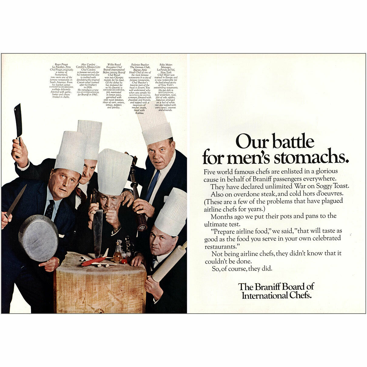 1967 Braniff Airlines: Our Battle For Mens Stomachs Vintage Print Ad